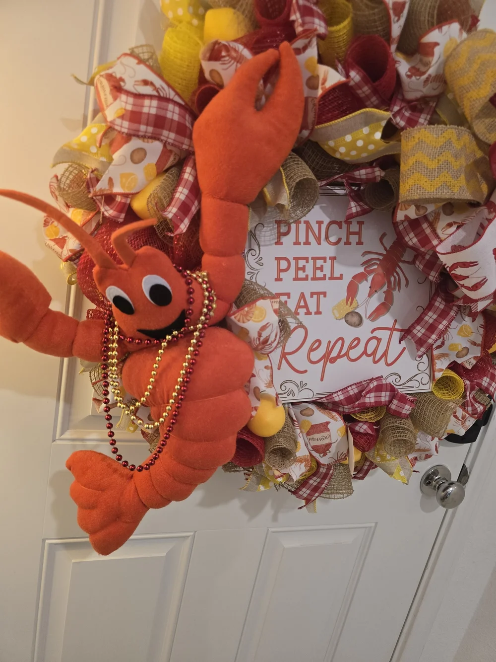 Handmade Yellow & Red Holiday Wreath with Plush Crawfish Boil Pinch Peel Eat